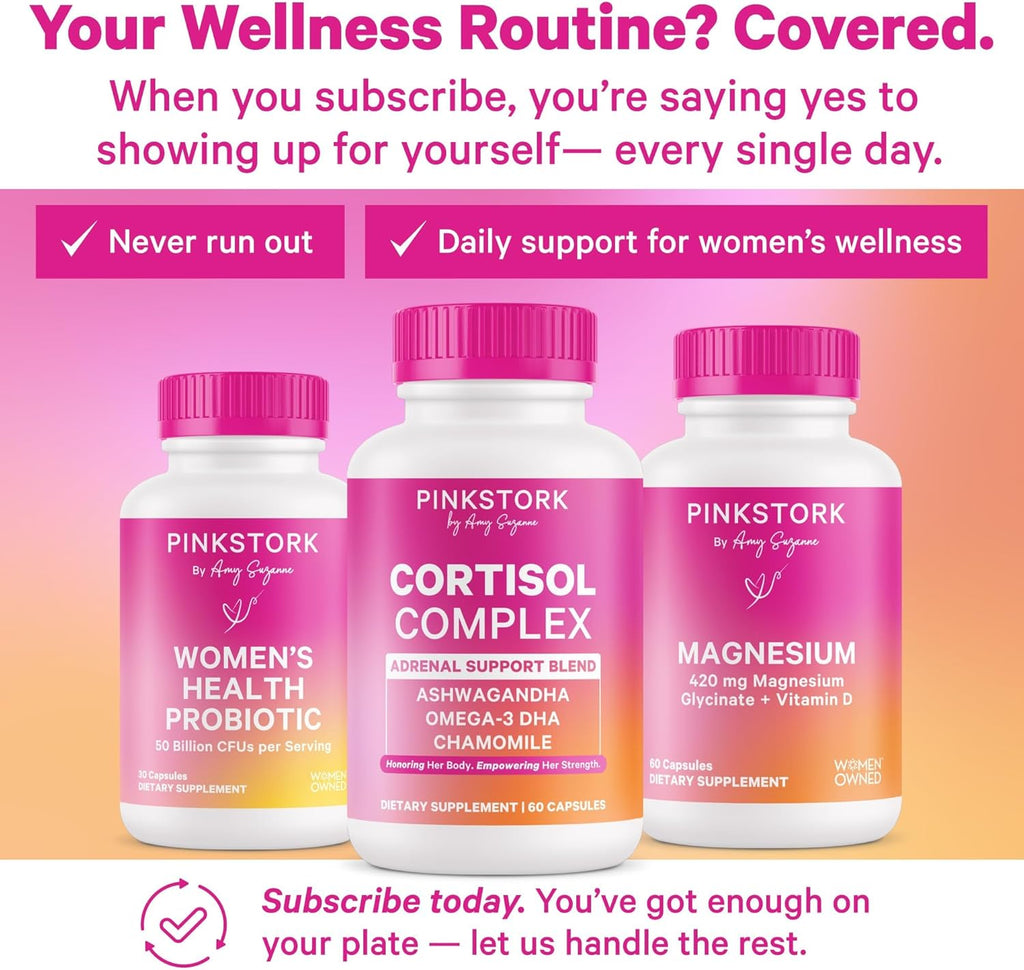 Pink Stork Cortisol Complex - Organic Ashwagandha, Omega 3 DHA, Saffron - Mood Balance, Stress Management, Energy Levels for Women - 60 Count