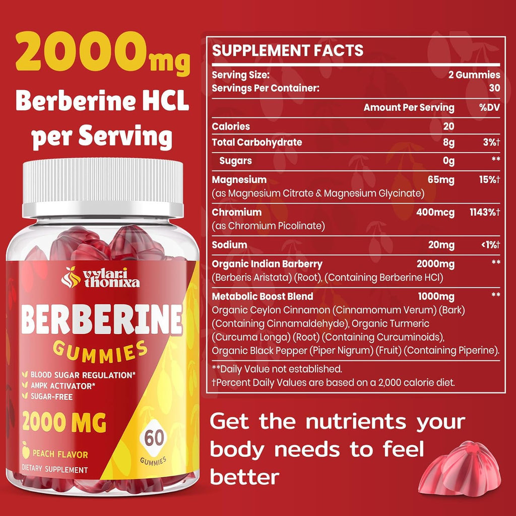 2000mg Berberine Supplement Gummies - High Potency Berberine with Ceylon Cinnamon Candy, Turmeric, Magnesium, Chromium - Sugar Free, Vegan, Non-GMO, Gluten-Free - Peach Flavor 60 Gummies - 1 Pack