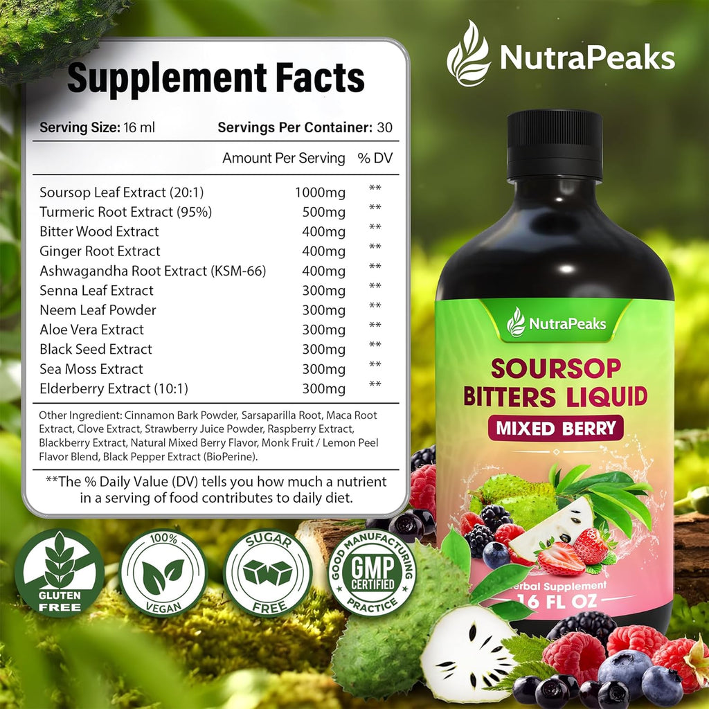 Soursop Bitters Liquid – Herbal Detox Formula with Soursop, Ginger, Turmeric & Black Seed Mixed Berry Flavor – Supports Digestive Balance & Immune Wellness – 16 fl oz