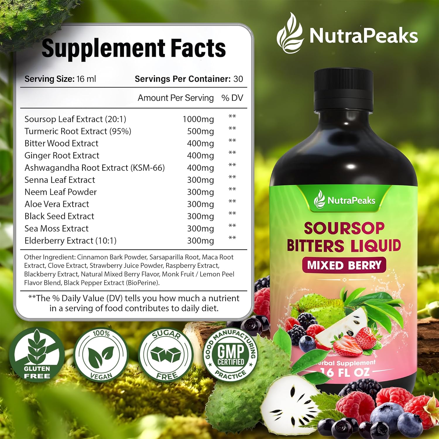 Soursop Bitters Liquid – Herbal Detox Formula with Soursop, Ginger, Turmeric & Black Seed Mixed Berry Flavor – Supports Digestive Balance & Immune Wellness – 16 fl oz