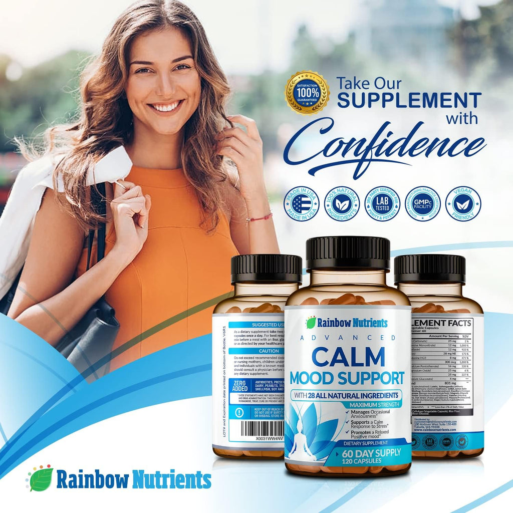 28 in 1 Calm Mood Support Supplement- Natural Happy Pills for Occasional Anxiousness & Stress, Worry feelings, Relaxation, Mental Clarity | Max Sleep & Mood Support for Women & Men|120 Vegan Capsules