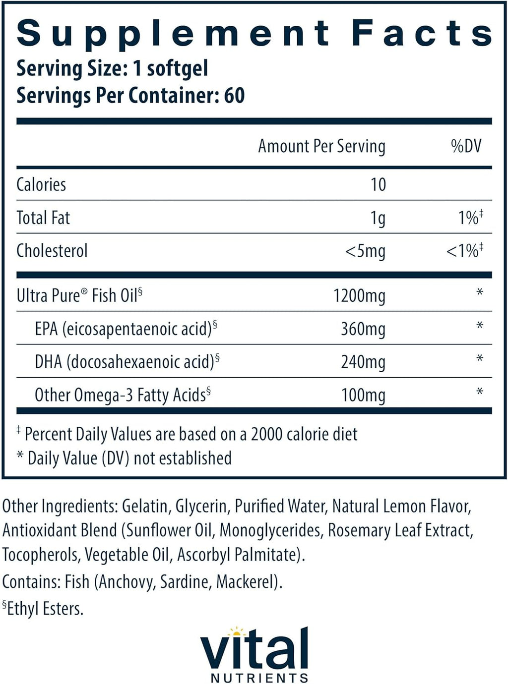Vital Nutrients Ultra Pure® Fish Oil 700 | Supports Heart, Brain, and Joint Health* | Sustainably Sourced High EPA & DHA Omega-3 Fatty Acid | Lemon Flavor | Gluten, Dairy & Soy Free | 60 Softgels