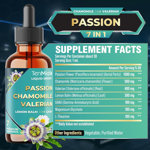 7in1 Passion Flower Extract Liquid Drops with Chamomile, Valerian, Lemon Balm, L-Theanine, GABA, and Magnesium Glycinate - 30ml 1 Fl Oz