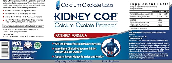 KIDNEY C.O.P. Calcium Oxalate Protector 120 Capsules, Kidney Support for Calcium Oxalate Crystals, Helps Stops Recurrence of Stones, Stronger Than Chanca Piedra Stone Breaker Supplements, 6 Pack