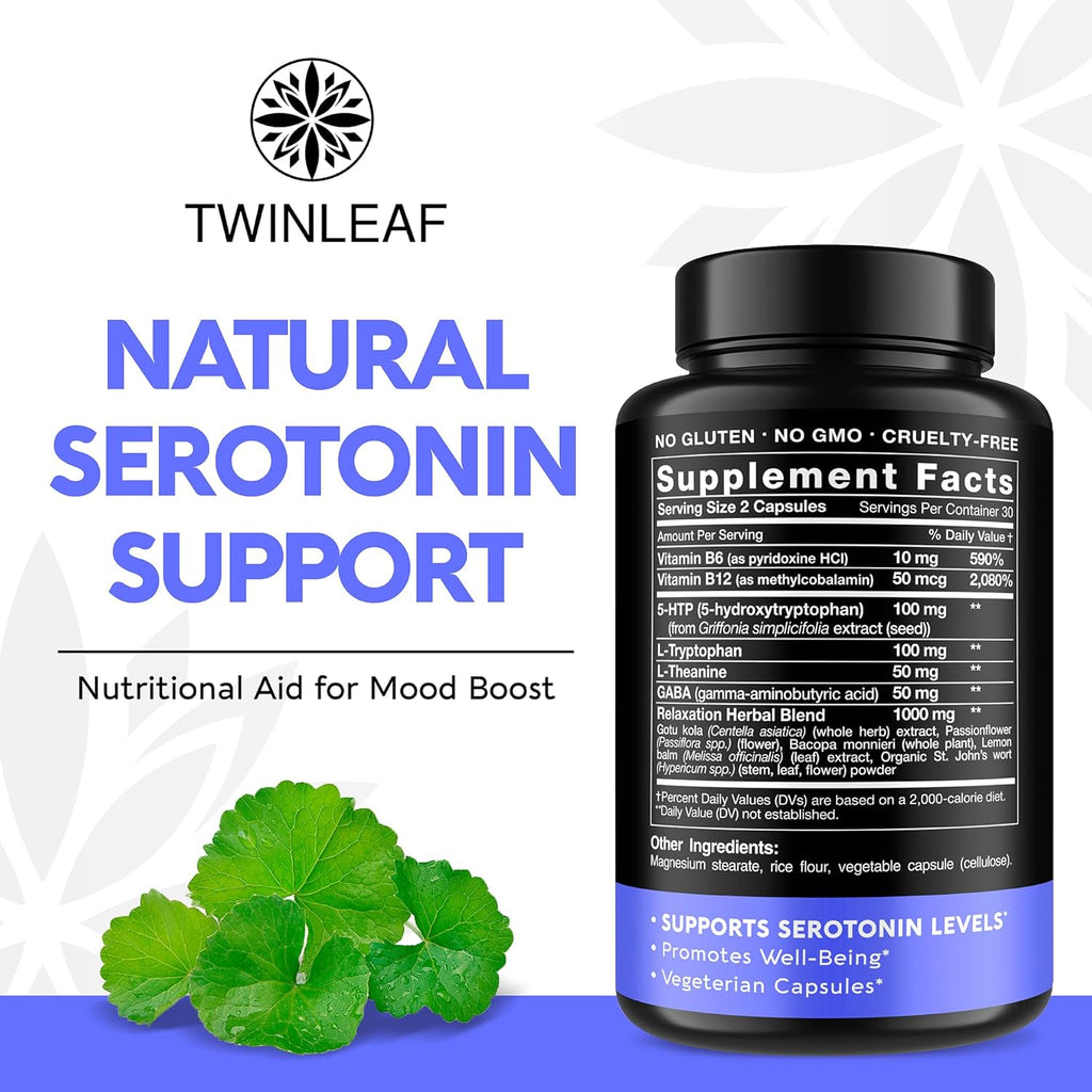 Natural Serotonin Supplement - Made in USA 5HTP Serotonin & Cortisol Manager - Serotonin Booster Vitamin Supplement for Women with 5-HTP, Vitamin B6, B12, GABA, L Theanine, L Tryptophan - 60 capsules