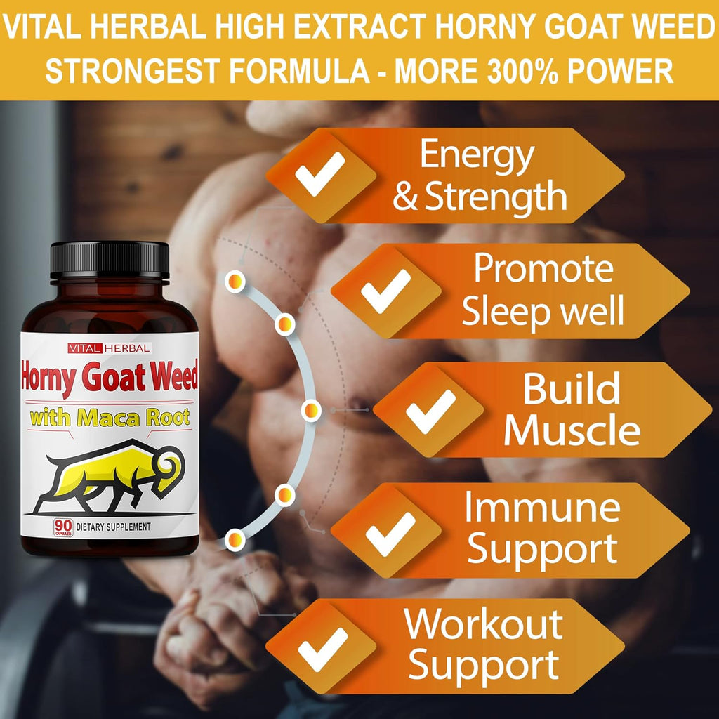 Vital Herbal Horny Goat Weed Capsules for Maximum Strength with Maca Root Tribulus Ashwagandha Tongkat Ali Panax Ginseng for Men Women, Boost Energy (90 Count (Pack of 1))