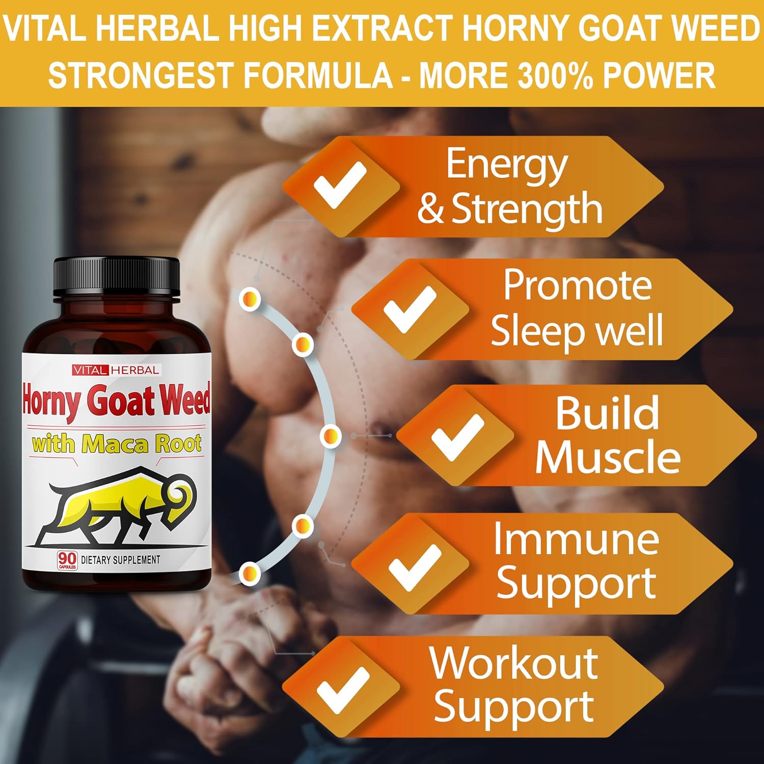 Vital Herbal Horny Goat Weed Capsules for Maximum Strength with Maca Root Tribulus Ashwagandha Tongkat Ali Panax Ginseng for Men Women, Boost Energy (90 Count (Pack of 1))