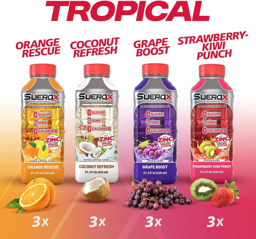SueroX Sugar-Free Sports Drink for Hydration and Recovery, Electrolyte Hydration Drink with 8 Ions, Zero Calorie Sports Drinks with Electrolytes, Tropical Pack, 21.3 Fl Oz, 12 Count