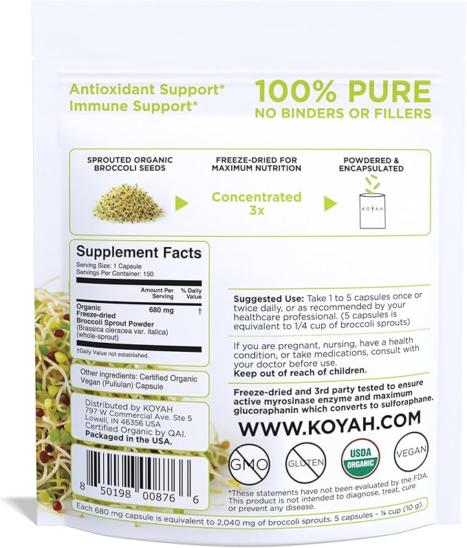 KOYAH - Organic Broccoli Sprout Capsules – Freeze-Dried Whole Broccoli Sprouts – 3rd Party Tested for Active Myrosinase & Glucoraphanin (Sulforaphane Glucosinolate) - 150 Capsules