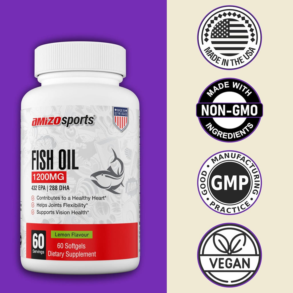 Omega-3 Fish Oil 1200mg, Lemon Flavour, High Potency EPA & DHA, Burpless Fish Oil Softgels for Heart, Brain & Joint Support, Omega 3 Supplement for Women & Men – 60 Softgels