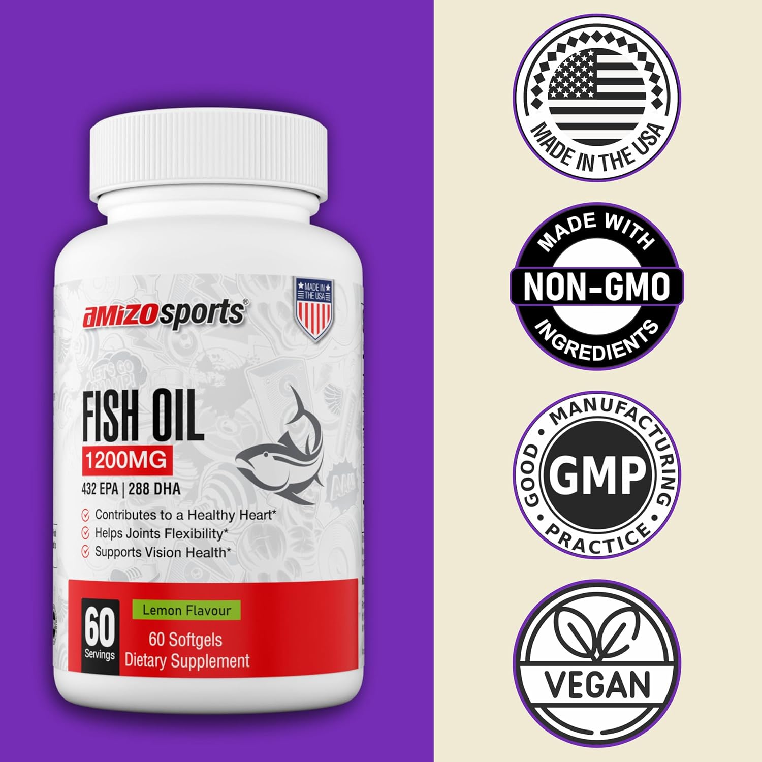 Omega-3 Fish Oil 1200mg, Lemon Flavour, High Potency EPA & DHA, Burpless Fish Oil Softgels for Heart, Brain & Joint Support, Omega 3 Supplement for Women & Men – 60 Softgels