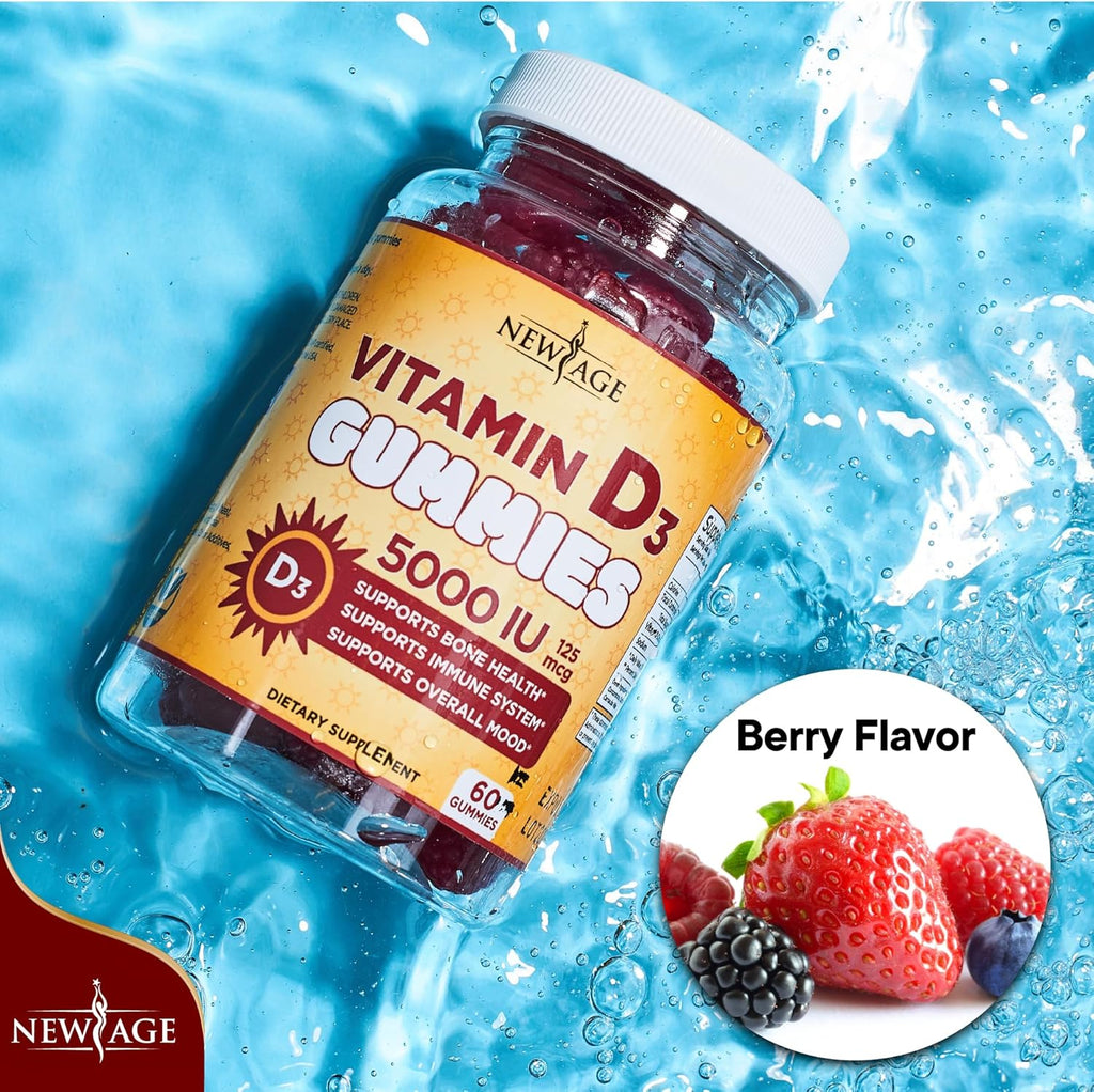 NEW AGE Vitamin D3 5000 IU 125mcg Gummies - Support Immune Support, Strong Bone Health - Non-GMO, Gluten-Free, Dairy-Free, No Gelatin (180 Gummies (Pack of 3))