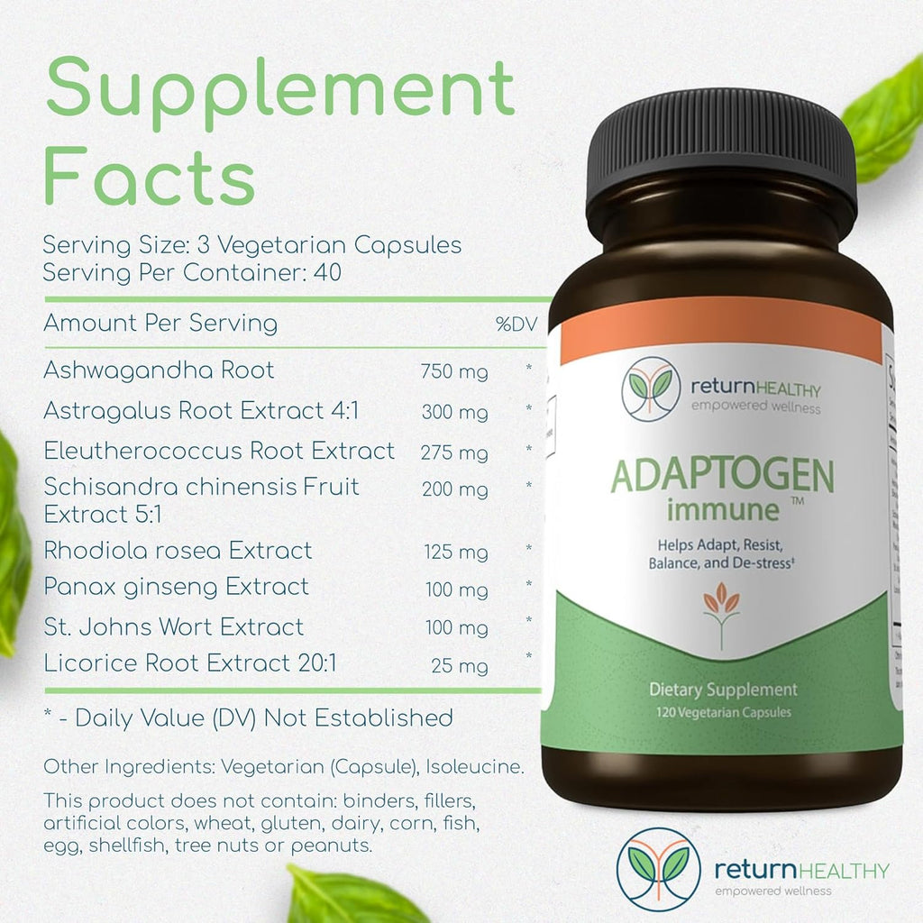 Adaptogen Immune, Adaptogens Supplements, Ashwagandha Supplements with Siberian Ginseng, Astragalus Root, and More - Promotes Healthy Body Functioning - Stress Relief Supplement, 120 Capsules