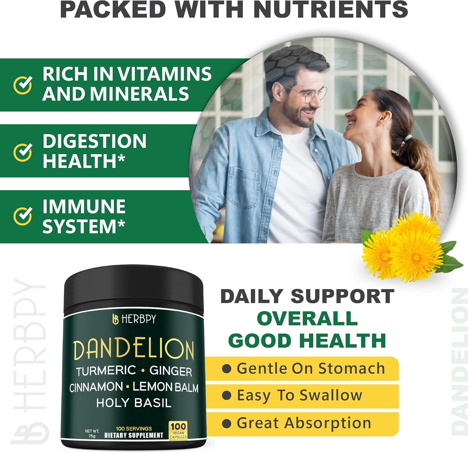 Dandelion Root Supplement 7500mg 6in1 for Digestion, Heart Health & Immune - Blended with Ginger, Turmeric Curcumin, Ceylon Cinnamon, Lemon Balm & Holy Basil - 100 Dandelion Capsules