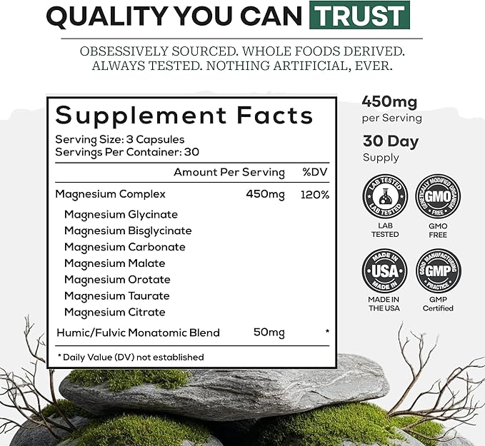 Wild Magnesium Complex for Women & Men – 7 Magnesium Forms in One: Glycinate, Citrate, Malate & More – High-Absorption Magnesio Complex with Fulvic Mineral Blend – 90 Capsules, 450 mg (Pack of 2)