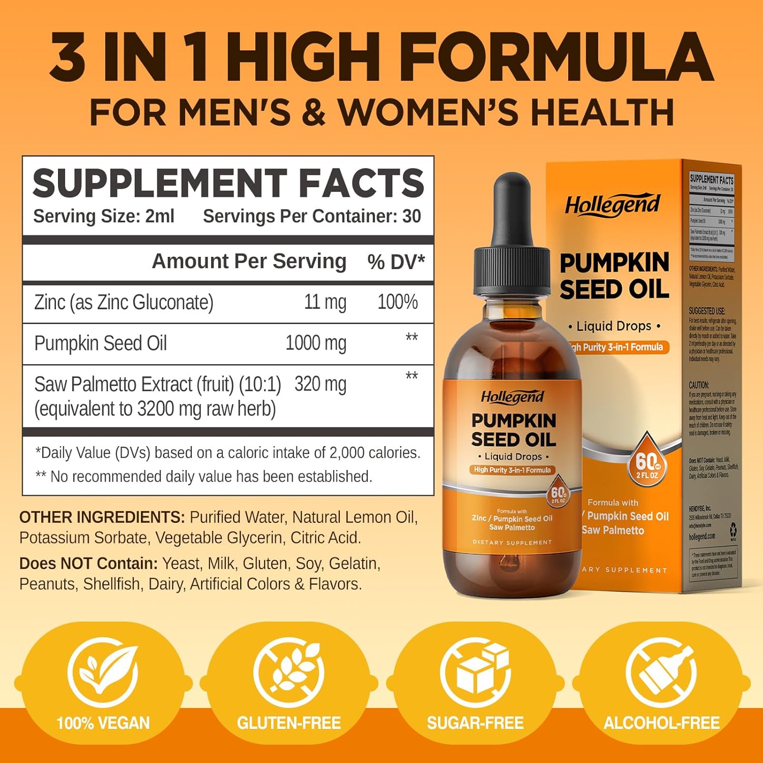 Pumpkin Seed Oil - Organic Pumpkin Seed Extract Supplements Liquid Drops with Saw Palmetto for Hair Growth, Prostate & Urinary Health, Cold Pressed, Lemon, Vegan, Non-GMO, 2 Fl Oz