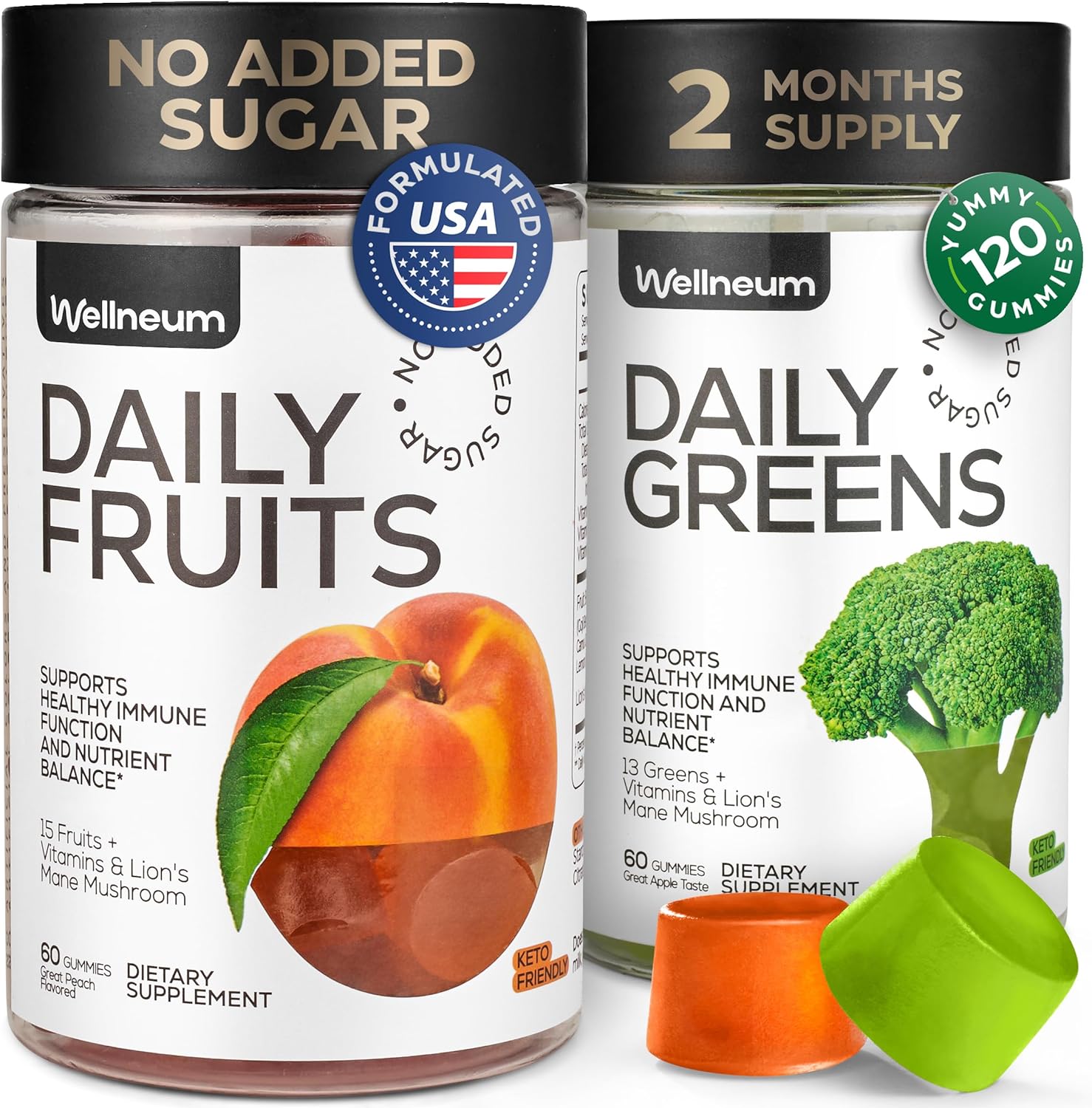 Super Fruit Super Greens Gummies for Adults - Daily Greens Vegetable Gummies for Immunity Health, Energy, Nutrient Balance - Fruits Blend 60 Count, Veggies Blend 60 Count - Sugar Free