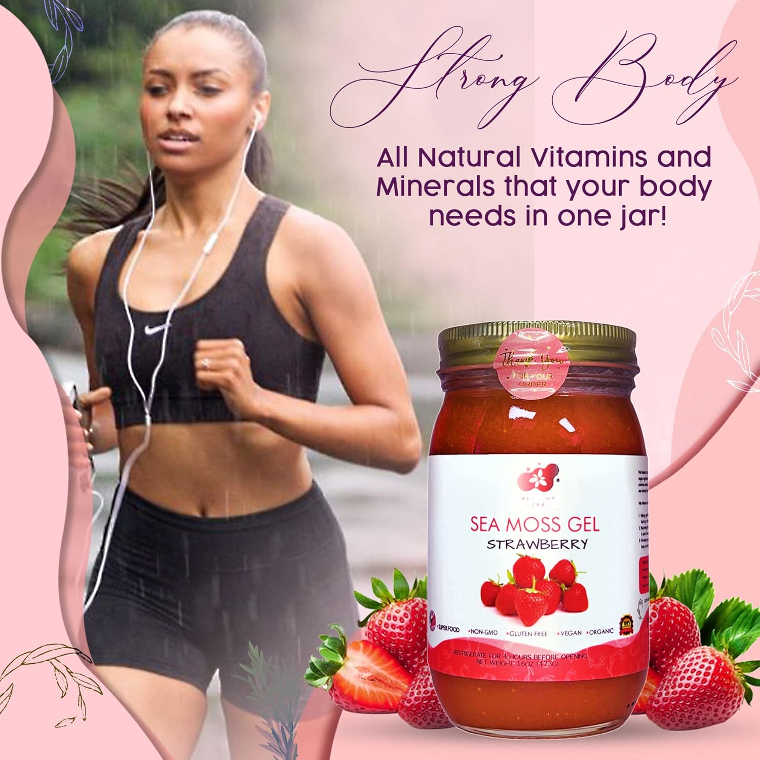 Healthy Herbs Sea Moss Gel (Sweet Strawberry) Wildcrafted from Jamaican St Lucia Gold Seamoss | Wild-Harvested Superfood With Over 90 Essential Vitamins & Minerals | Vegan, Non-GMO, US-Made (16 oz.)