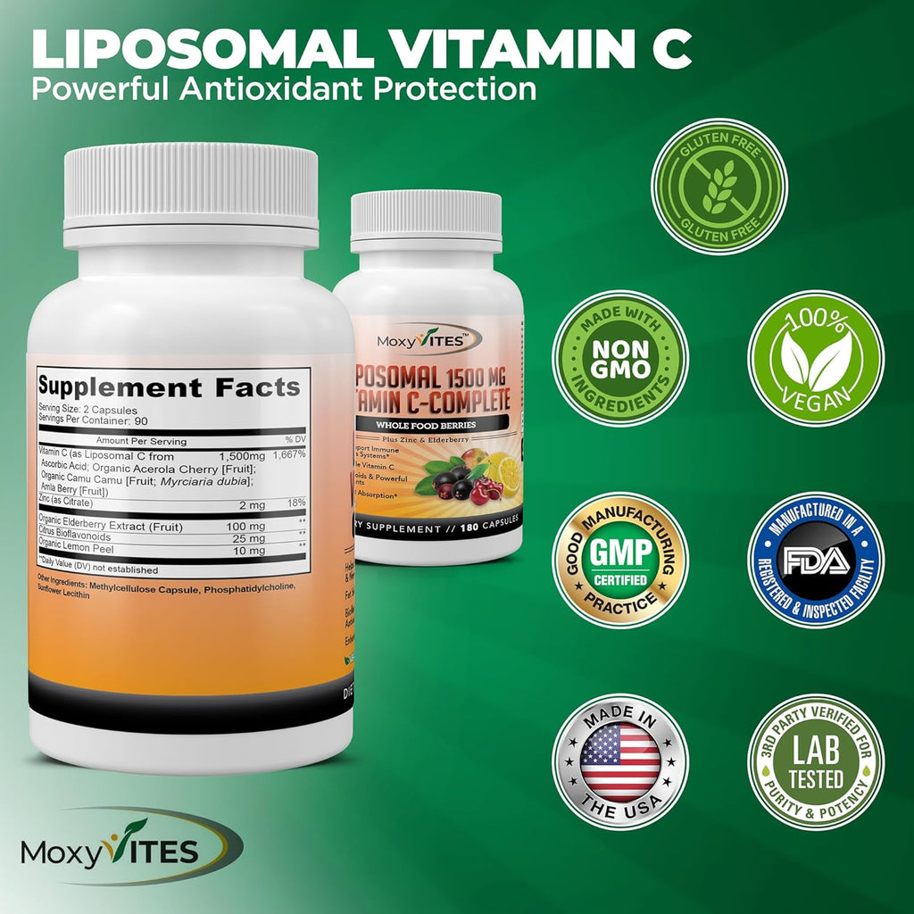 Liposomal Vitamin C with Zinc Capsules - Vit C Organic Elderberry, Amla, Camu Camu- Vitamina C High Absorption, Anti Aging, Immune Support,1500mg/Serving 3 Month Supply Gluten Free NON GMO Veggie Caps