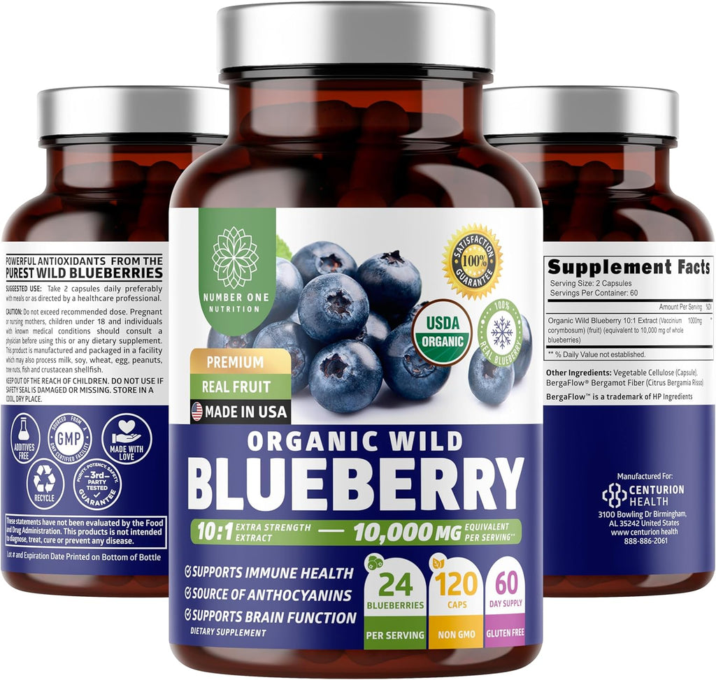 USDA Organic Wild Blueberry Extract 10:1 Concentrate, 10,000 MG per Serving Equivalent to 24 Whole Blueberries, Supports Immune Health, 120 Vegan Capsules