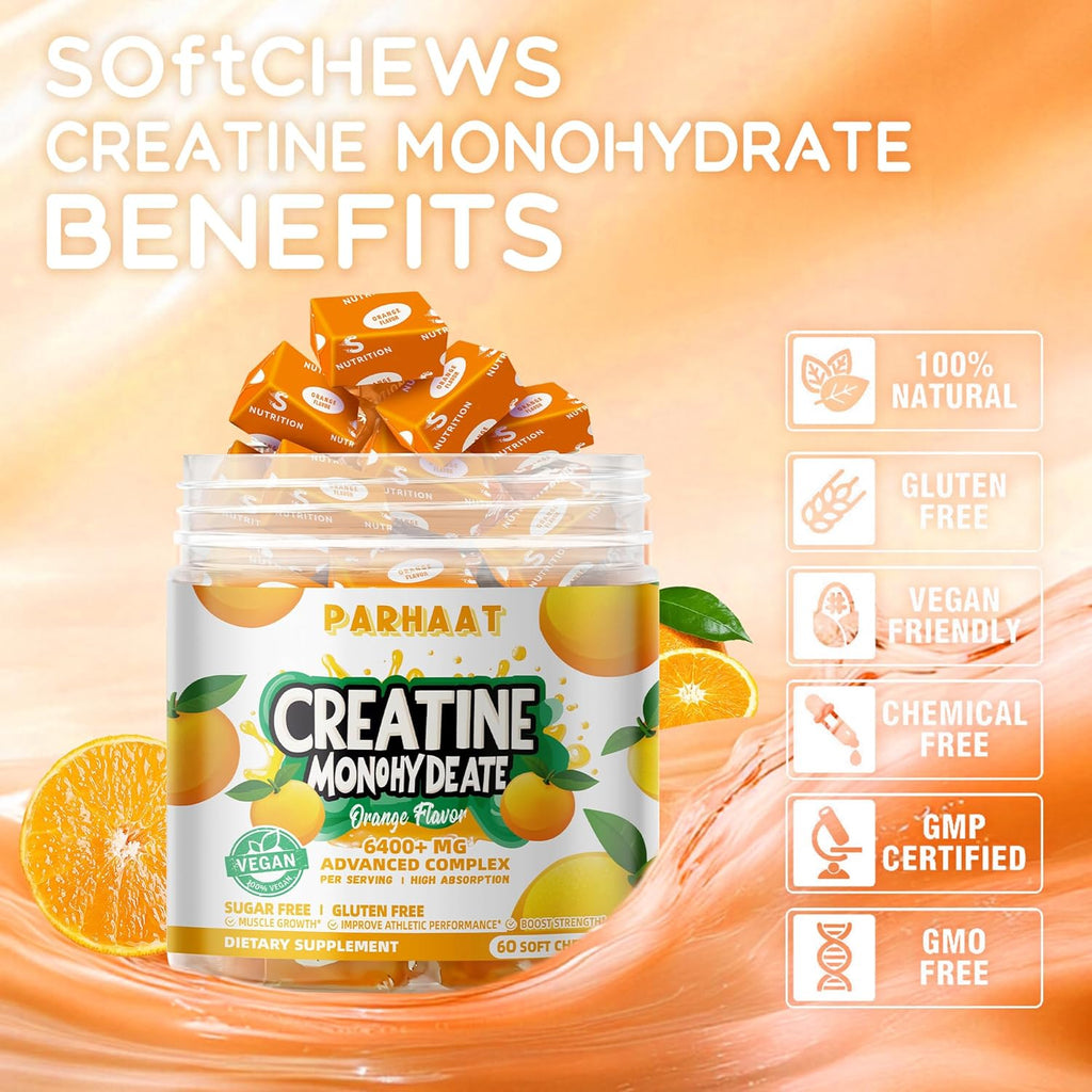 Creatine Monohydrate Chews Complex 6400mg for Men & Women -Advanced Formula W/L-Taurine + Vitamin B12, Sugar Free Chewable Supplement,60 Orange Softchews