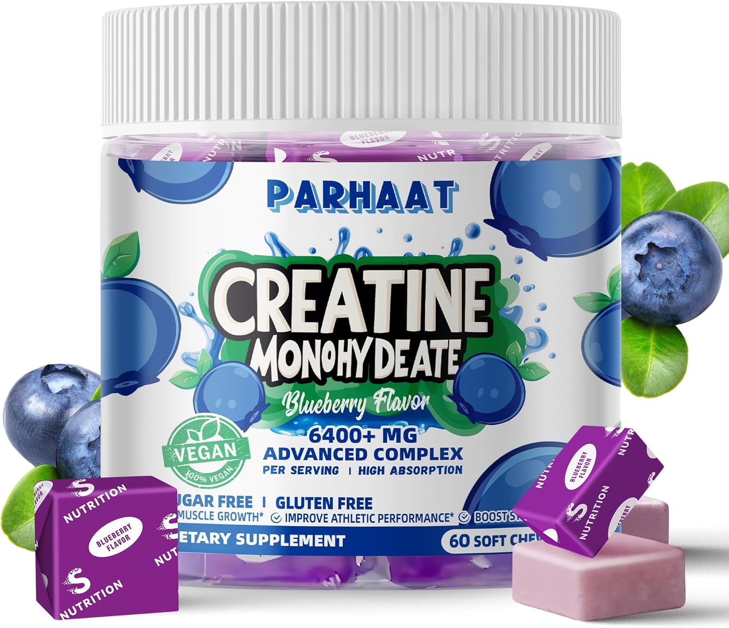 Creatine Monohydrate Chews Complex 6400mg for Men & Women -Advanced Formula W/L-Taurine + Vitamin B12, Sugar Free Chewable Supplement,60 Blueberry Softchews