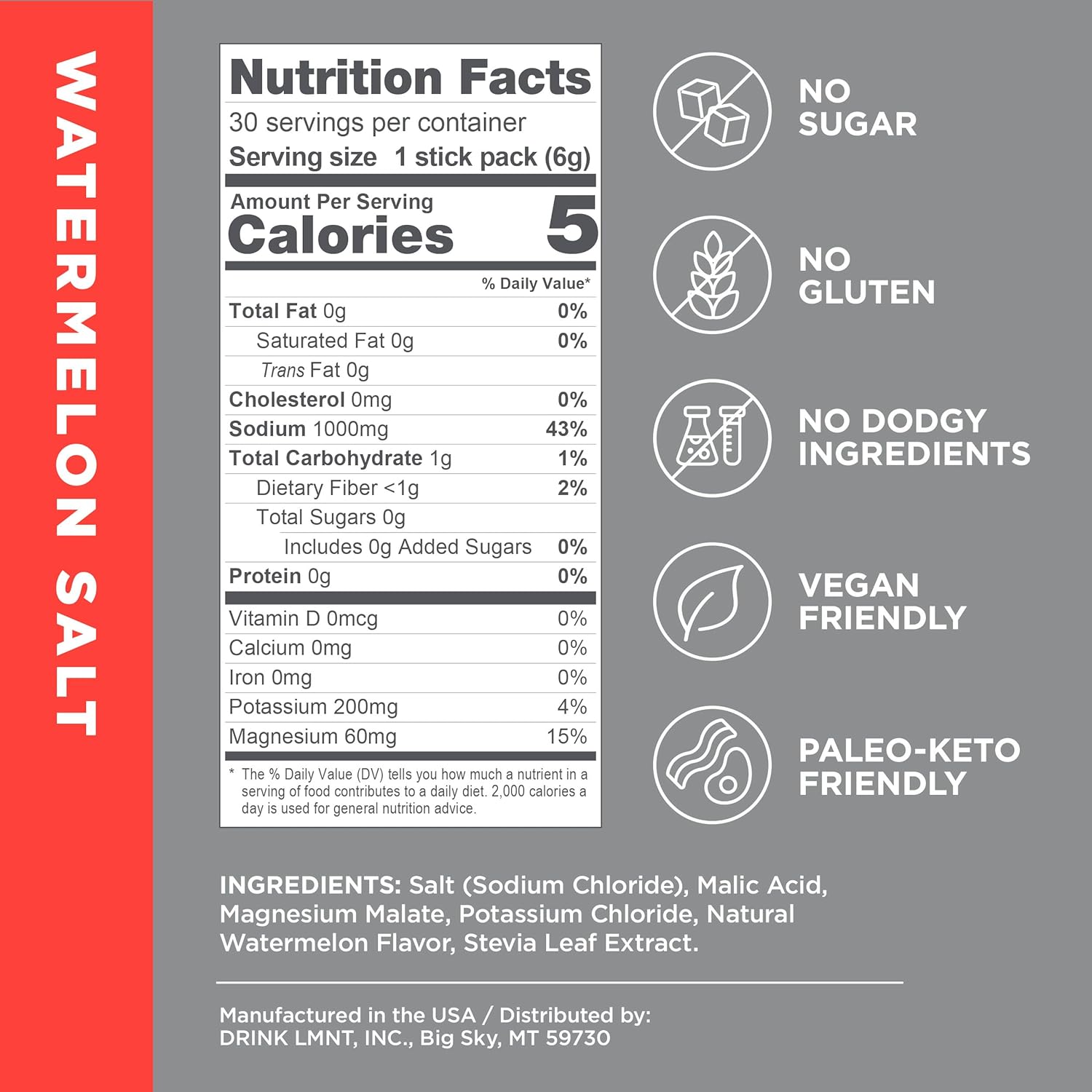 LMNT Zero Sugar Electrolytes - Watermelon Salt | Drink Mix | 30-Count