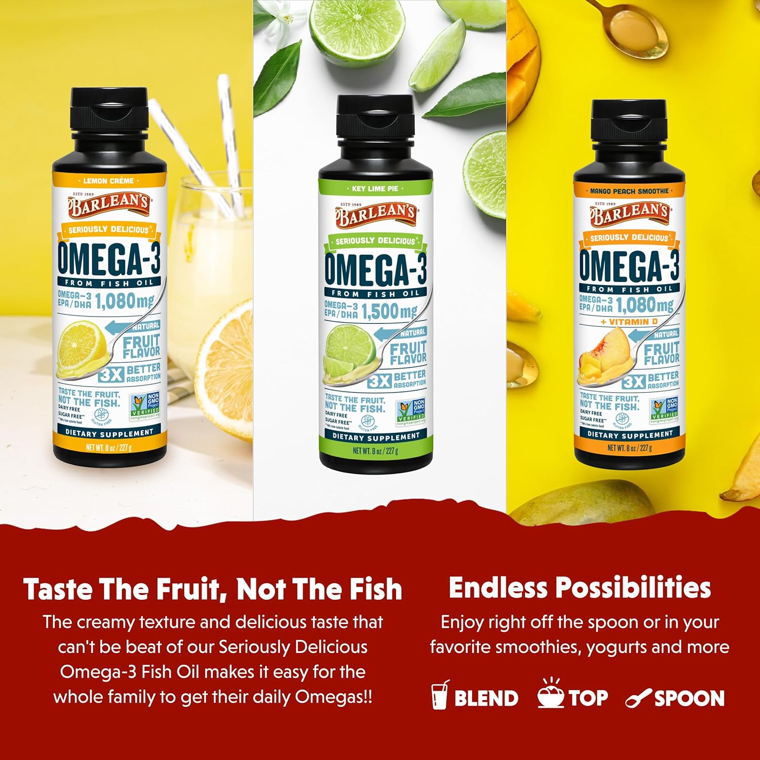 Barlean's Omega 3 Fish Oil Liquid Supplement 3-Flavor Variety Pack for Men and Women, EPA and DHA Fatty Acid, Includes Key Lime Pie, Lemon Crème and Mango Peach Flavors, 8 oz