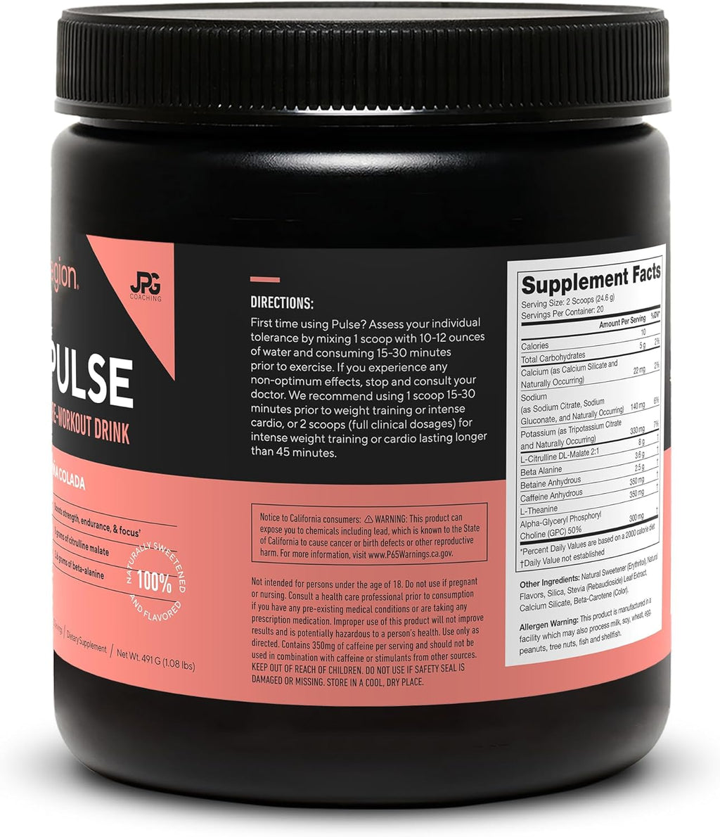 LEGION Pulse Pre Workout - All Natural Nitric Oxide Preworkout Drink to Boost Energy, Creatine Free, Naturally Sweetened, Beta Alanine, Citrulline, Alpha GPC (Pina Colada)