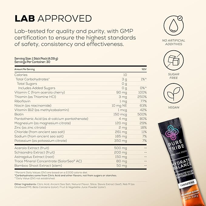 Hydrate + Balance Electrolytes Powder Packets – Vegan & Sugar-Free Hydration Packets with 6 B Vitamins & Adaptogens – Tangerine Drink Mix for Instant Hydration & Energy – 30 Stick Servings