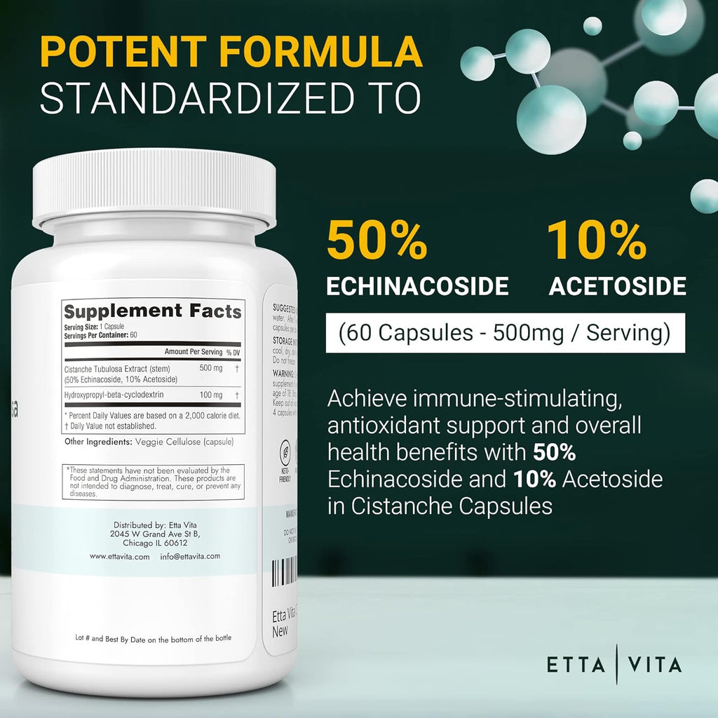 Potent Cistanche Tubulosa Capsules (500 mg) Stress Response, Mood & Cortisol Support (2X Potent 50% Echinacoside/10% Acetoside) Hormonal Balance for Men & Women - Cistanche Supplement, Powder Extract