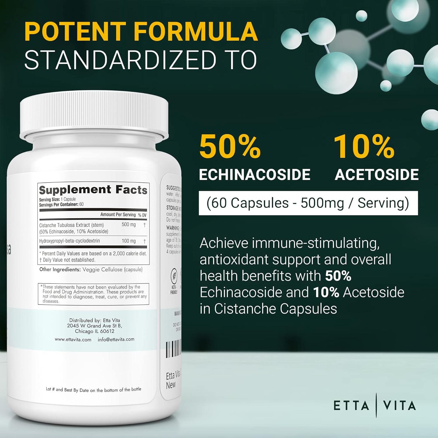 Potent Cistanche Tubulosa Capsules (500 mg) Stress Response, Mood & Cortisol Support (2X Potent 50% Echinacoside/10% Acetoside) Hormonal Balance for Men & Women - Cistanche Supplement, Powder Extract