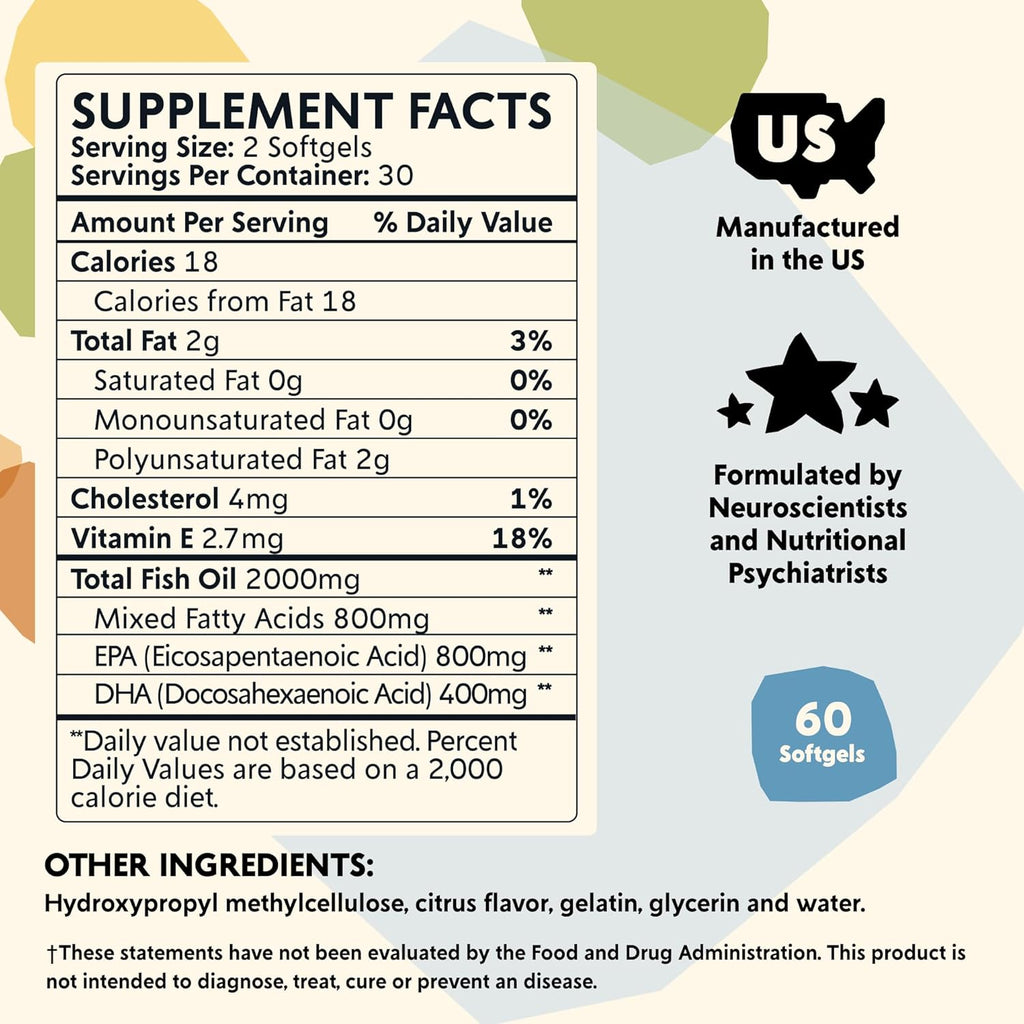 Omega-3 Supplement by PYM for Mood and Emotional Support (60 Count) | Omega-3 Fatty Acids, DHA, EPA & Vitamin E | Non-GMO, Gluten-Free, No Added Sugar