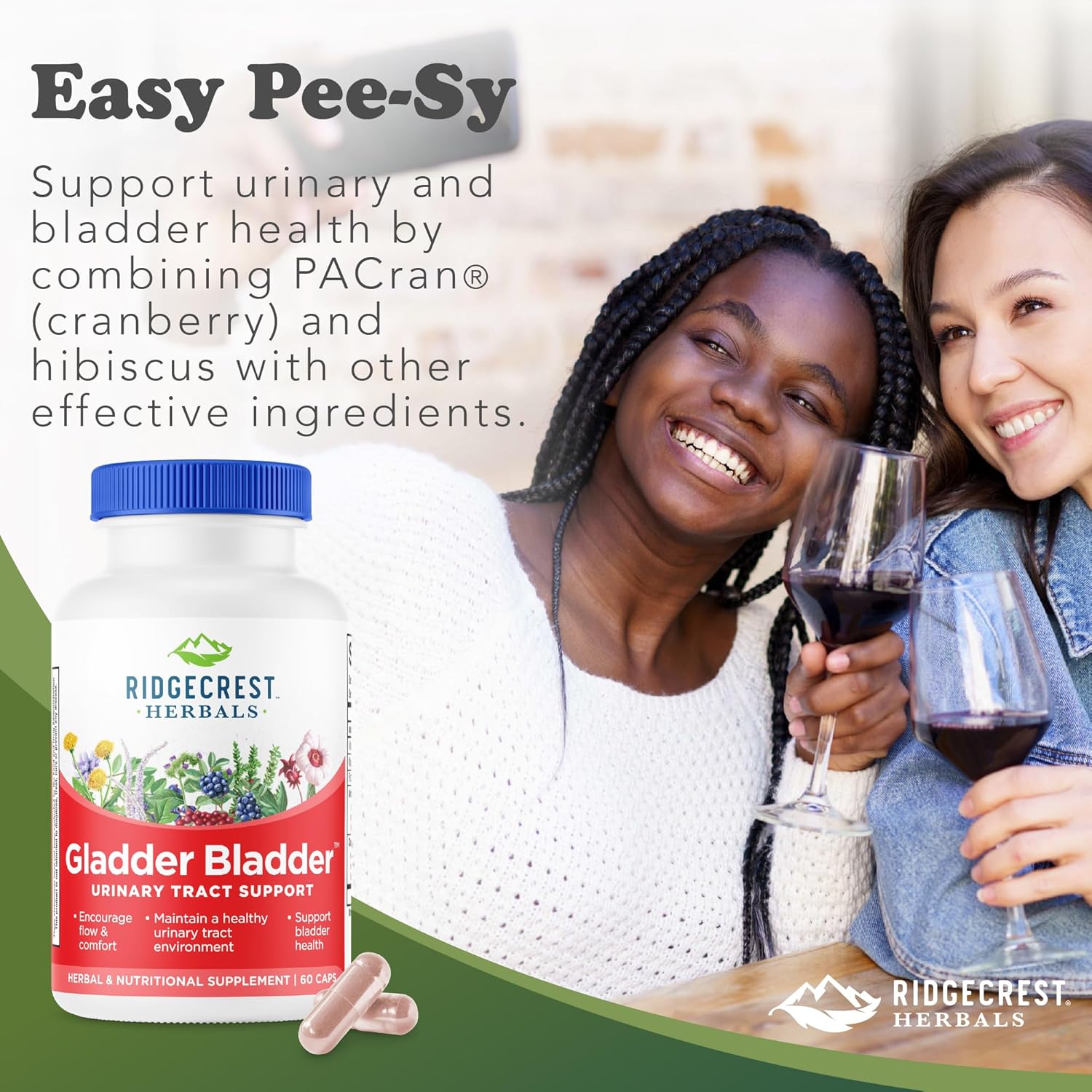 RidgeCrest Herbals Gladder Bladder, Urinary Tract Health Supplement. Contains Vitamin B6, Magnesium, Potassium with Cranberry and Hibiscus Extract. Helps Support Healthy Kidneys (60 Veg Caps, 30 Serv)