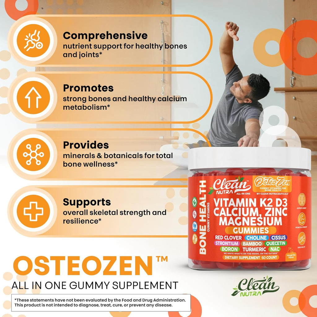 Osteo Zen Vitamin D3 K2 Gummies Bone Support Magnesium Zinc Calcium Quercetin Boron Choline Red Clover Turmeric 60 Count Tangerine Tang Flavor for Skeletal Strength & Resilience by Clean Nutra