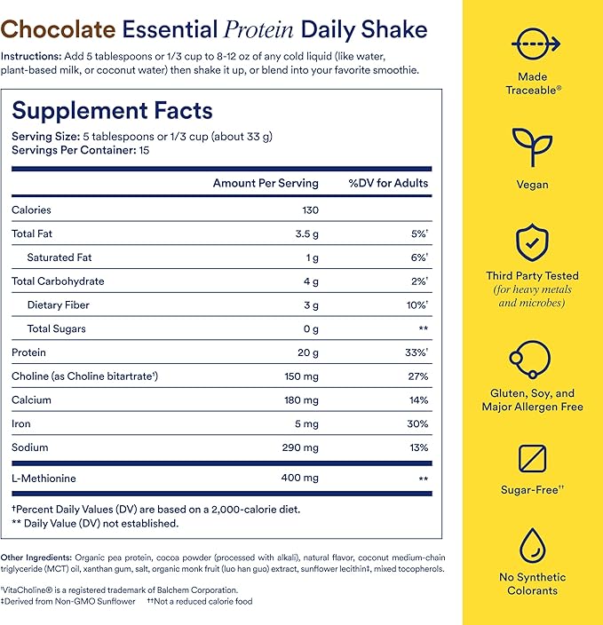 Ritual Pea Protein Powder with BCAA: 20g Organic Vegan Plant-Based Protein from Regenerative Farms in North America, Complete Amino Acid Profile, Gluten Free, Sugar Free‡, Dairy Free, Chocolate, 1 Lbs
