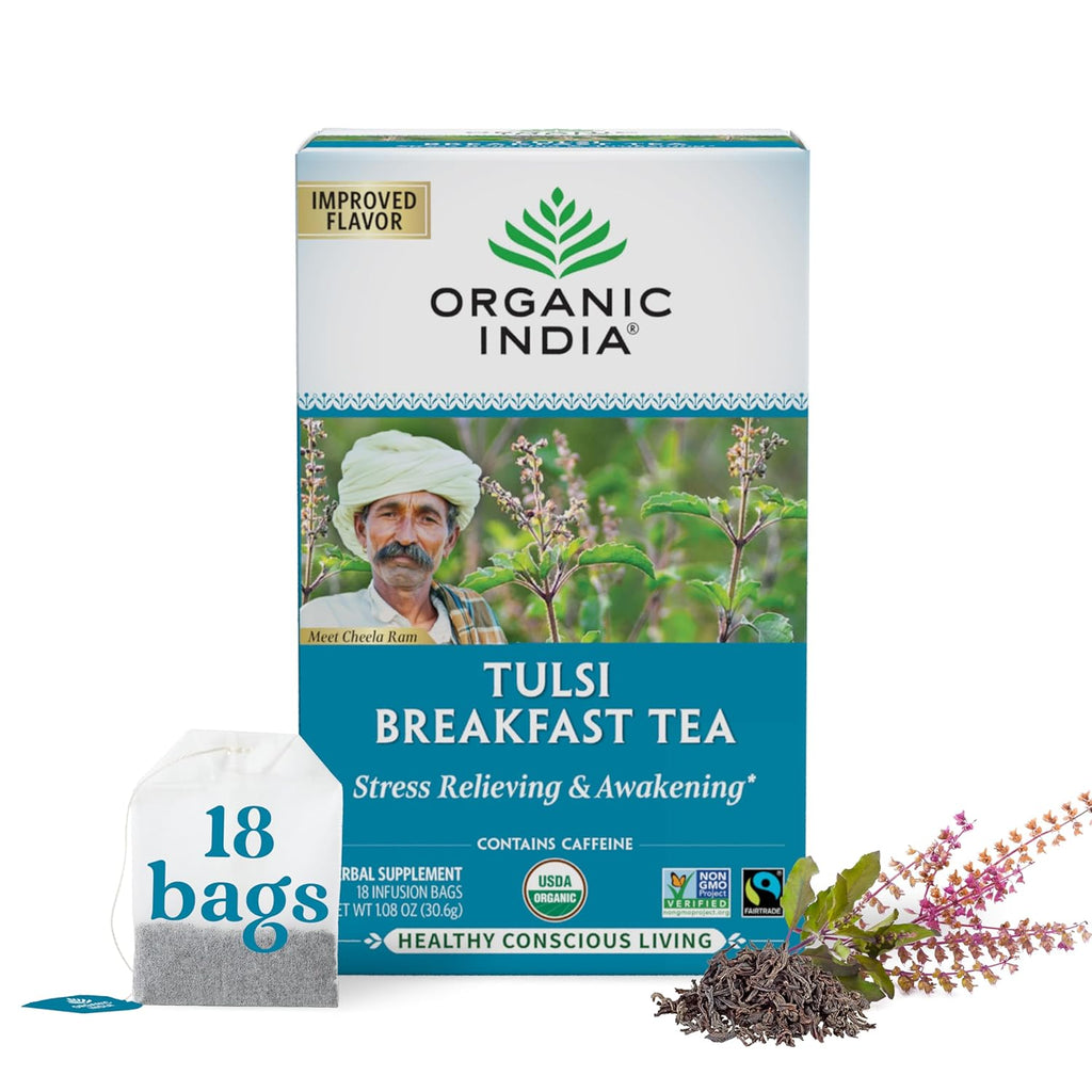 Organic India Tulsi Breakfast Herbal Tea - Holy Basil, Stress Relieving & Awakening, Immune Support, Adaptogen, Vegan, USDA Certified Organic, Non-GMO, Caffeinated - 18 Infusion Bags, 1 Pack