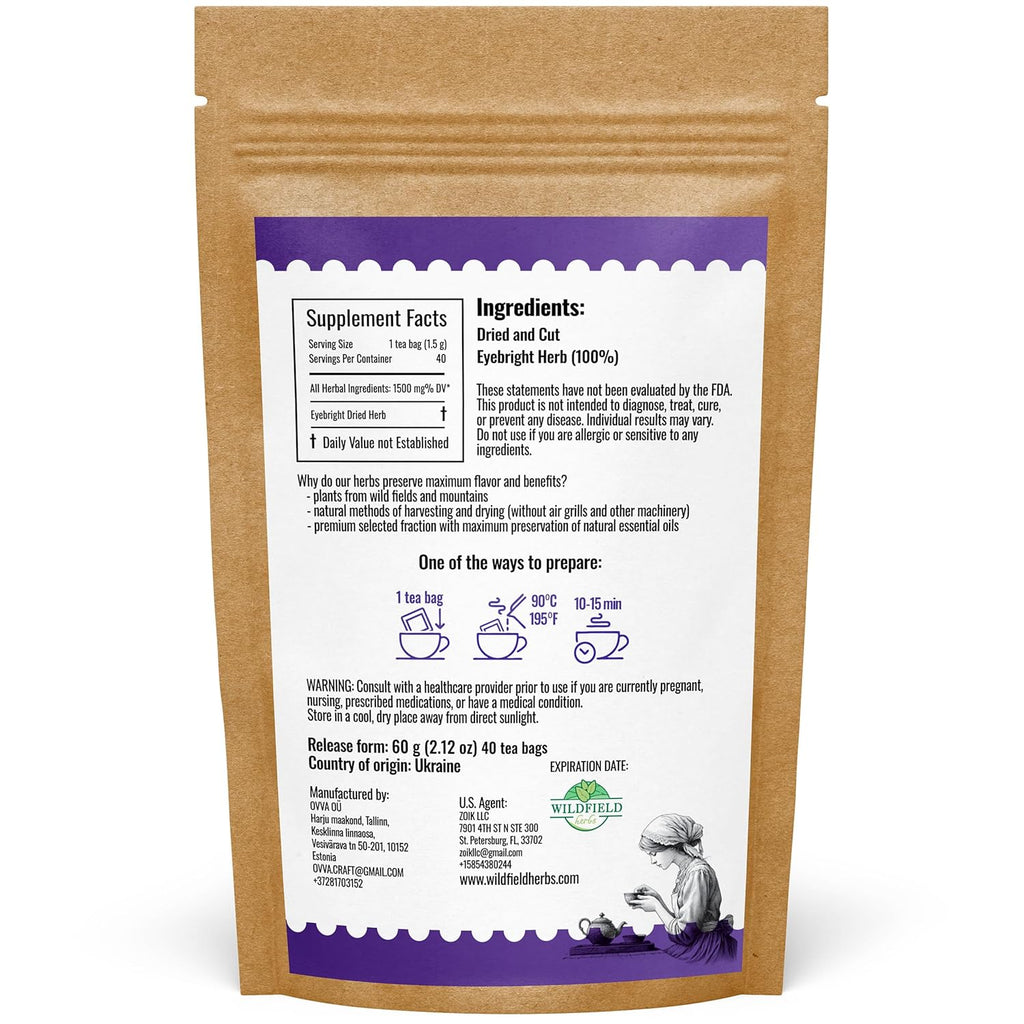 40 Bags Dried Eyebright Herb Tea Eyesight (Euphrasia) Eyebright Dried Herbal Tea - 40 Count 1.5 g Bags