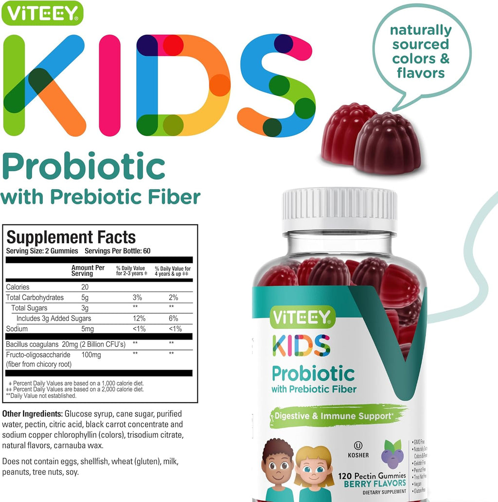 Viteey Probiotic Gummies for Kids Plus Prebiotics Fiber - 2 Billion CFUs - Digestive Health,Gut Health, Constipation Relief for Kids Support - Vegan, Gelatin Free - Chewable Probiotic Berry Flavored
