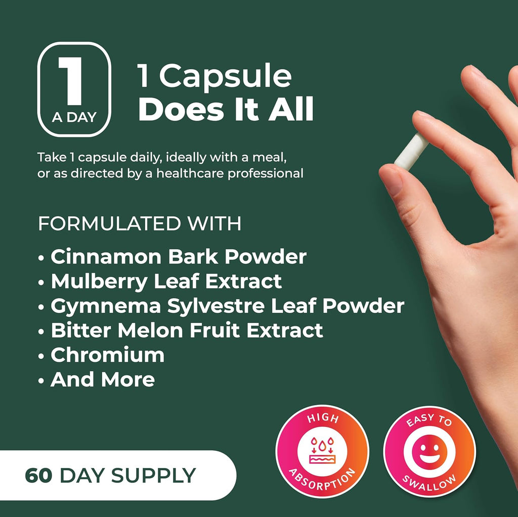 PurePremium Normal Blood Sugar Support Supplement - 20 Active Ingredients Complex to Support Blood Sugar Levels Already in The Normal Range - with Cinnamon, Bitter Melon, Chromium, Mulberry - 60ct