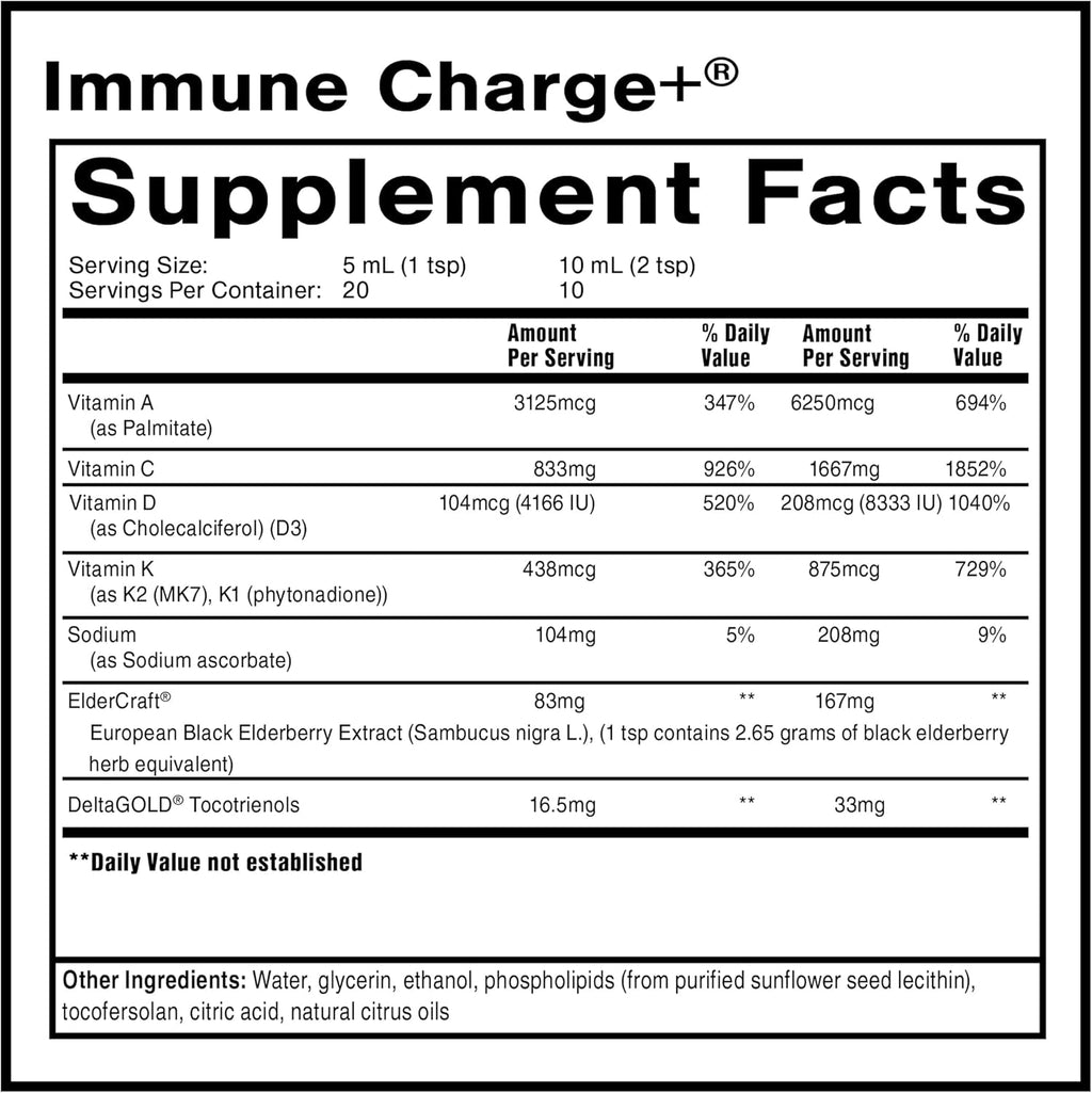Quicksilver Scientific Immune Charge+ - Elderberry with 10,000 IU Vitamin D3, 25,000 Vitamin A, C, E, K1 & K2 for Immune Health & Lung Support (100ml)