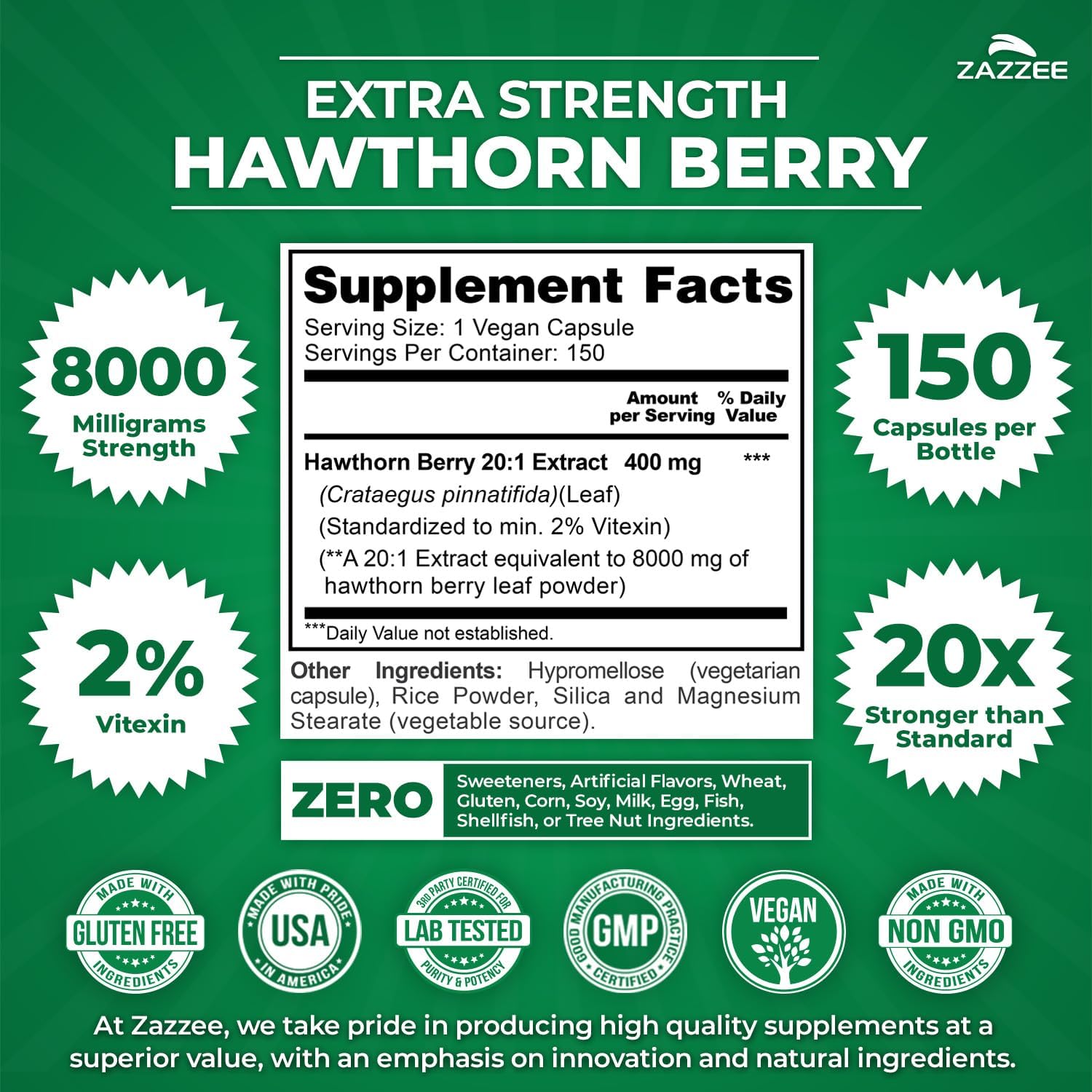 Zazzee Extra Strength Hawthorn Berry 20:1 Extract, 8000 mg Strength, 2% Vitexin, 150 Vegan Capsules, 5 Month Supply, Concentrated and Standardized Potent 20X Extract, Non-GMO and All-Natural