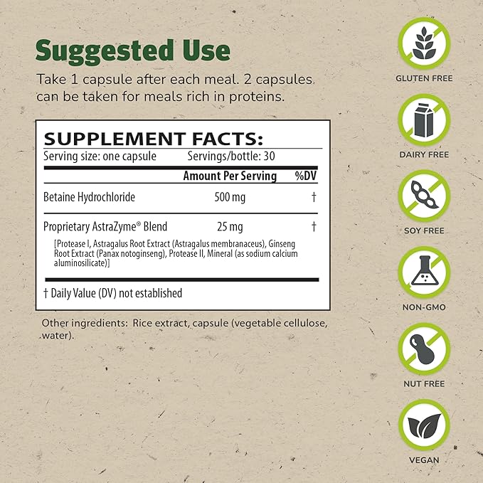 Master Supplements HCL-Stim - 30 Vegetable Capsules - Provides Digestive Support + Gas & Bloating Relief - Vegan, Gluten Free - 30 Servings