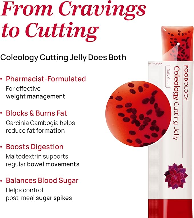 FOODOLOGY Coleology Cutting Stick Jelly – Supports Appetite Suppressant, Boost Metabolism & Control Cravings, Garcinia Cambogia HCA, Pomegranate Flavor Korean Supplement – 2 Packs of 10