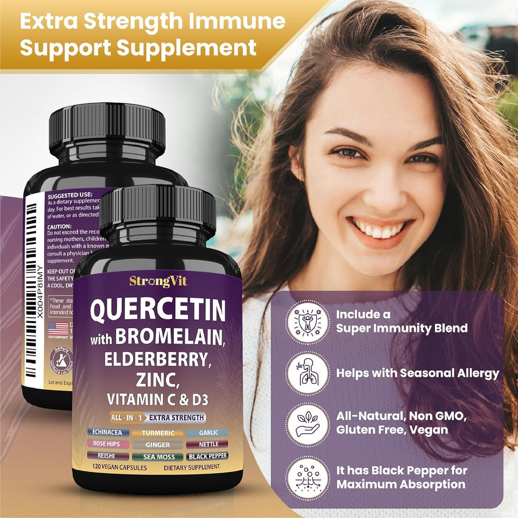 Quercetin with Bromelain, Elderberry, Vitamin C, D3 and Zinc. Super Immune Support Supplement. Organic Complex for Men & Women, Non-GMO, Gluten-Free, Vegan, USA (120 Capsules)