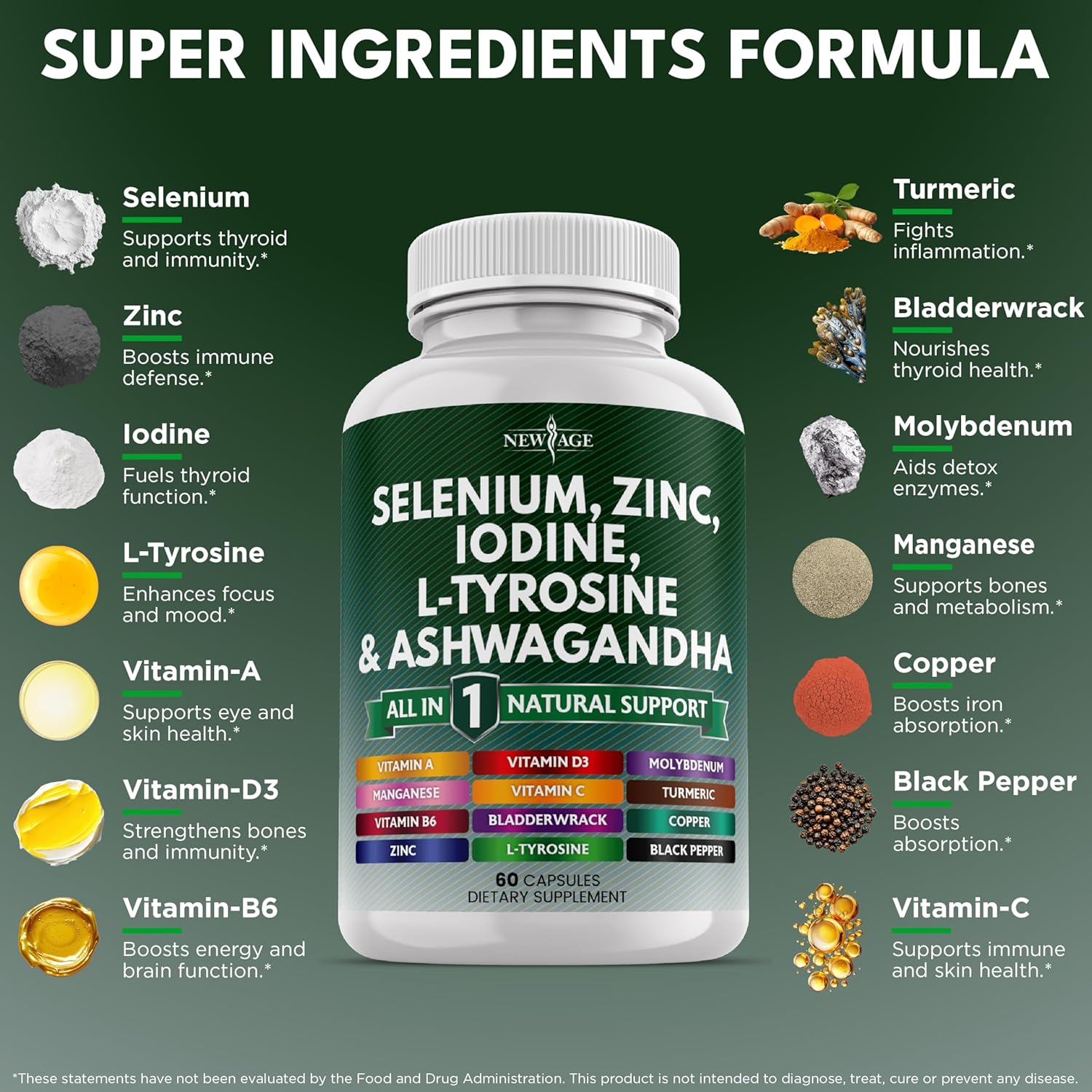 Selenium, Zinc, Iodine, L Tyrosine, Ashwagandha - Thyroid Support Supplement for Women and Men with Bladderwrack, Turmeric, Silica Kelp, Schisandra - 60 Count (Pack of 3)