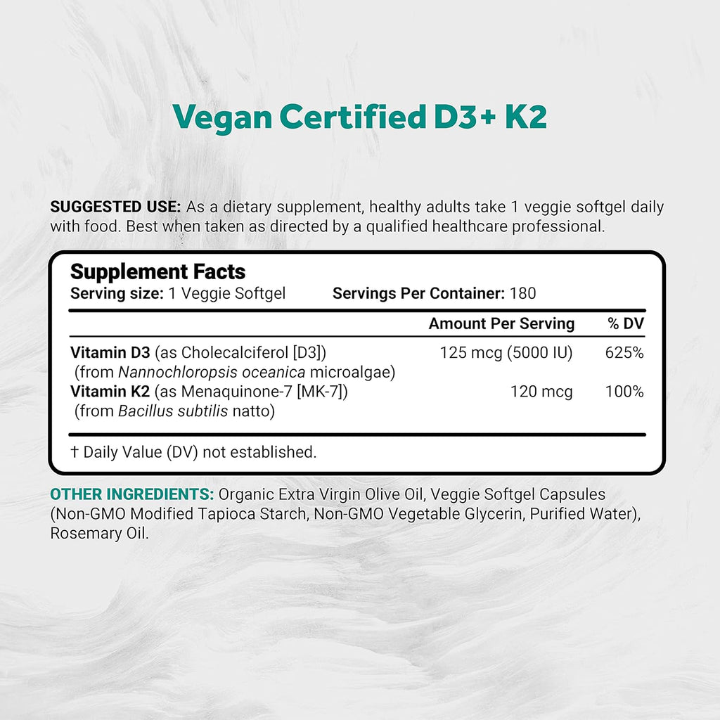 Vegan Vitamin D3 + K2 with Extra Virgin Olive Oil | 5000iu Vitamin D with 120mcg MK7 Vitamin K | Better Support for Bone & Immune Health | Vegan Society Certified 180 Softgels