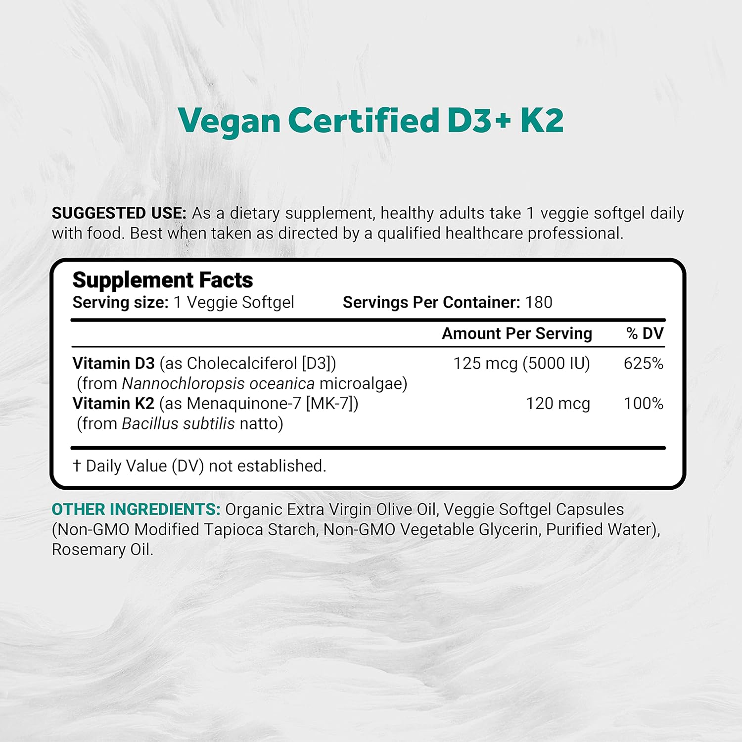 Vegan Vitamin D3 + K2 with Extra Virgin Olive Oil | 5000iu Vitamin D with 120mcg MK7 Vitamin K | Better Support for Bone & Immune Health | Vegan Society Certified 180 Softgels