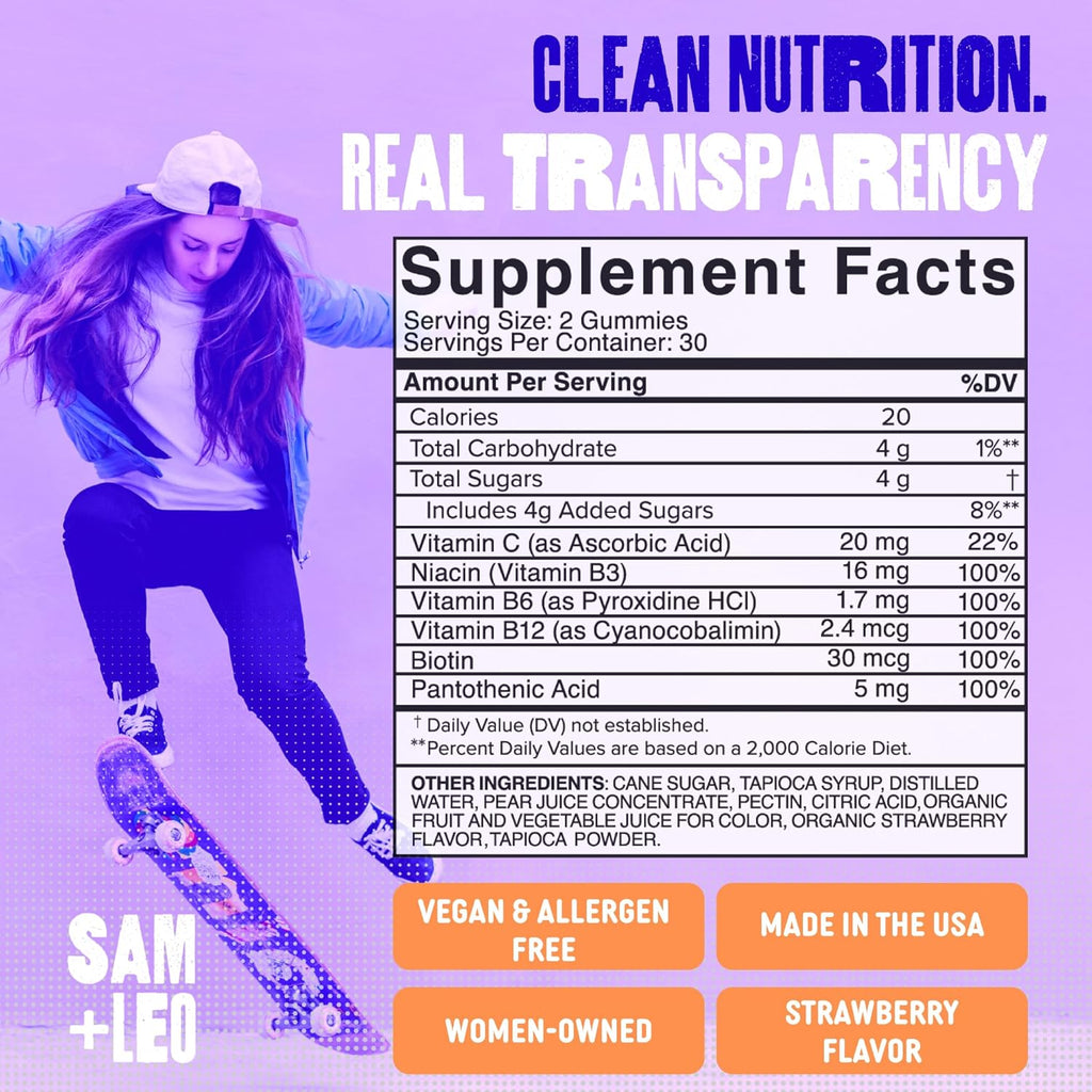 SAM+LEO Energy Gummies – Caffeine-Free B-Complex with Biotin – Daily Vegan Energy Support for Kids, Teens & Young Adults – Strawberry Flavor, 60 Gummies