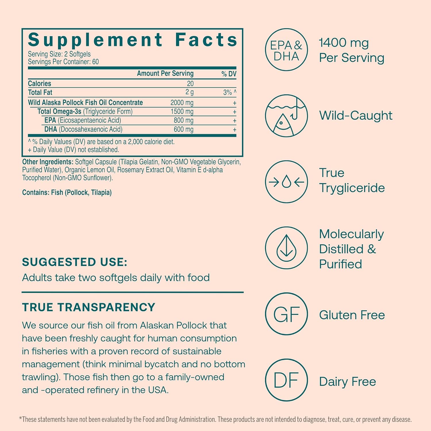 True Grace Omega-3 Fish Oil - 120 Softgels - 1400 mg EPA + DHA - Brain, Heart, Joint & Immune Health - Organic, Gluten Free, Soy Free